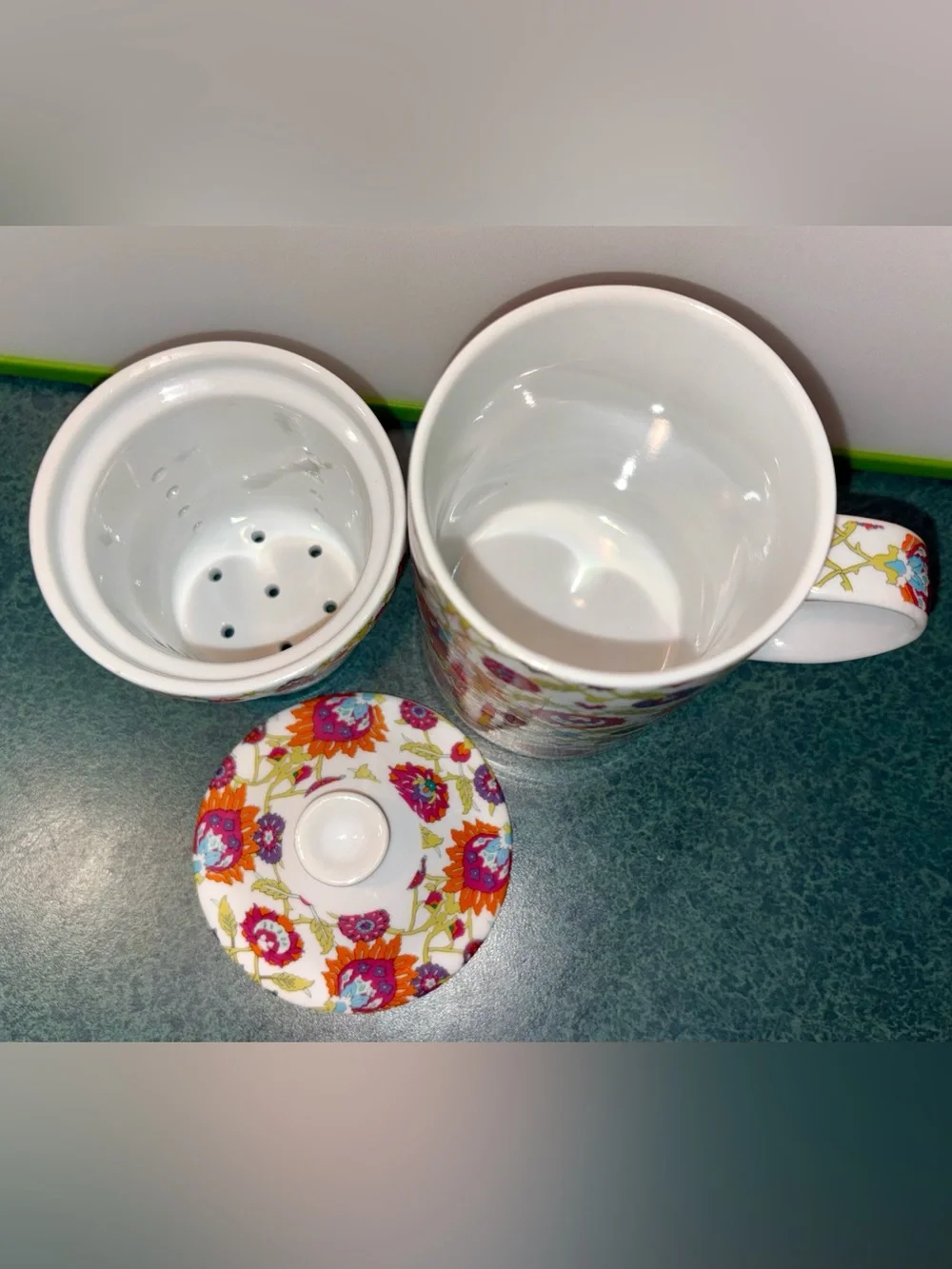 World Market 3 Piece Floral Tea Ceramic Mug/Cup w/Infuser and Lid